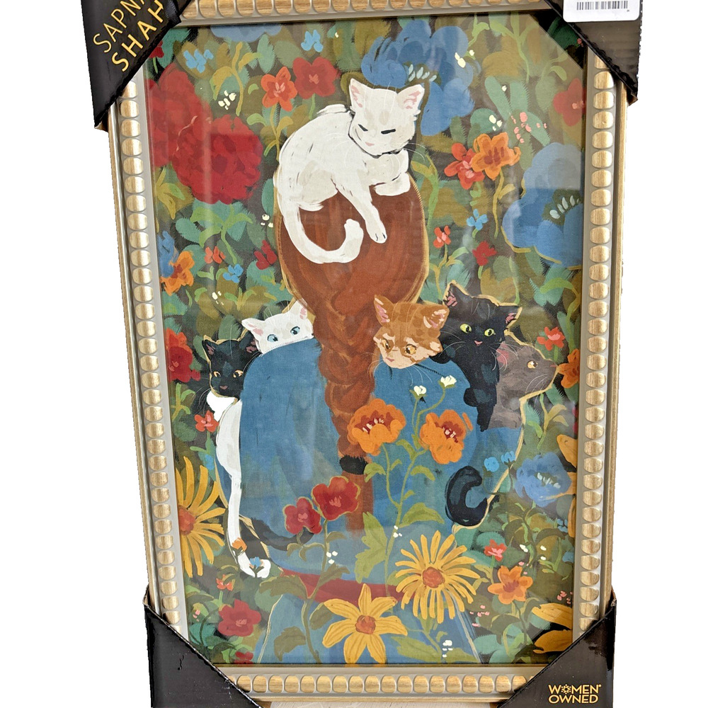 Sapna Shah Woman w/ Cats on Head & Shoulders Garden Party Floral Redhead Cat Art